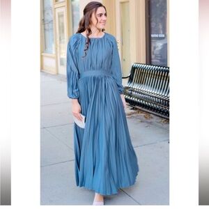 ISO XL-2X Dainty Jewells Dusty Blue Pleated Long Maxi Dress for wedding!
